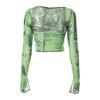 2023 Gothic Print Mesh T-shirt Sexy Hollow Out Long Sleeve Pullover Tee Y2K Fairy Grunge Vintage Women Fall Crop Top