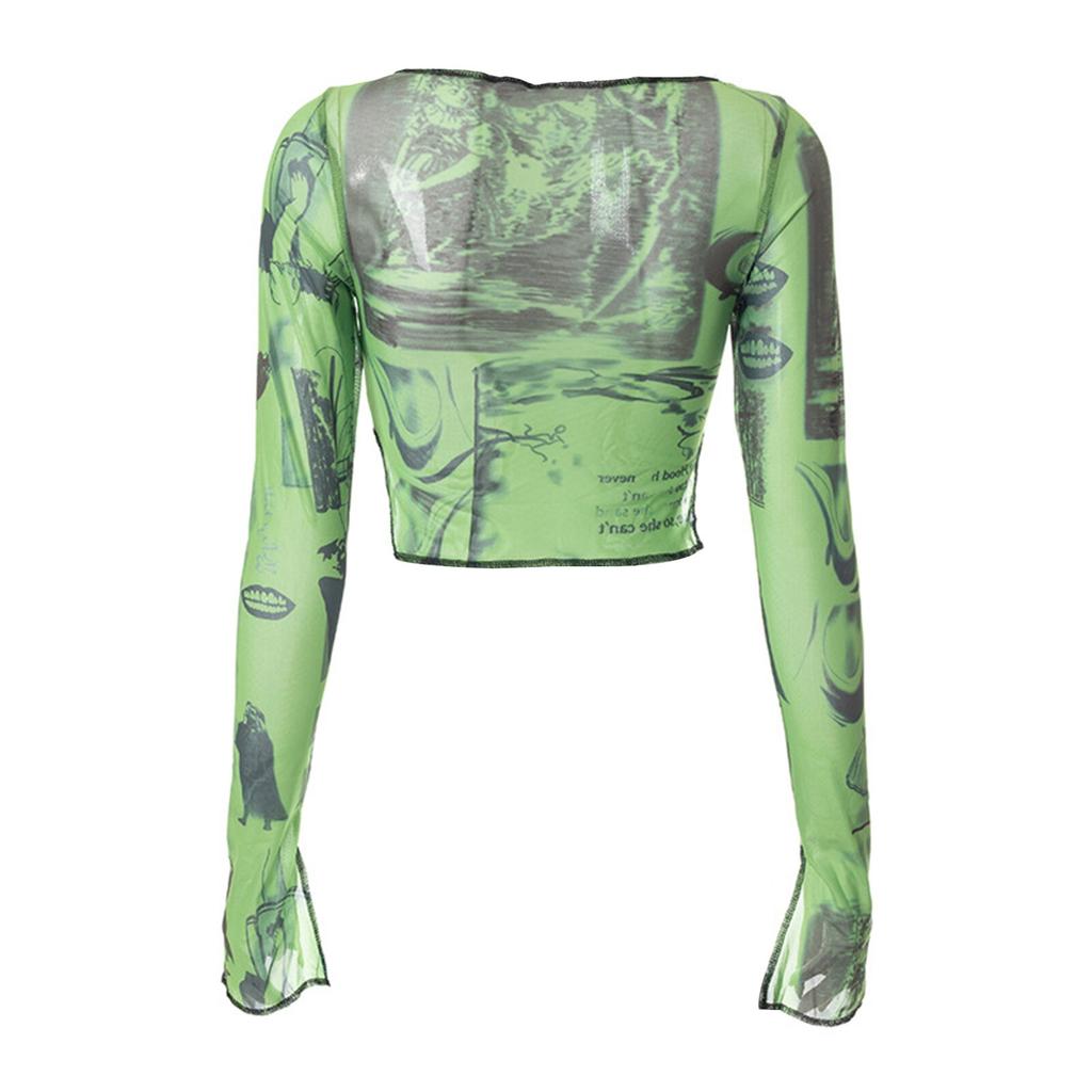 2023 Gothic Print Mesh T-shirt Sexy Hollow Out Long Sleeve Pullover Tee Y2K Fairy Grunge Vintage Women Fall Crop Top