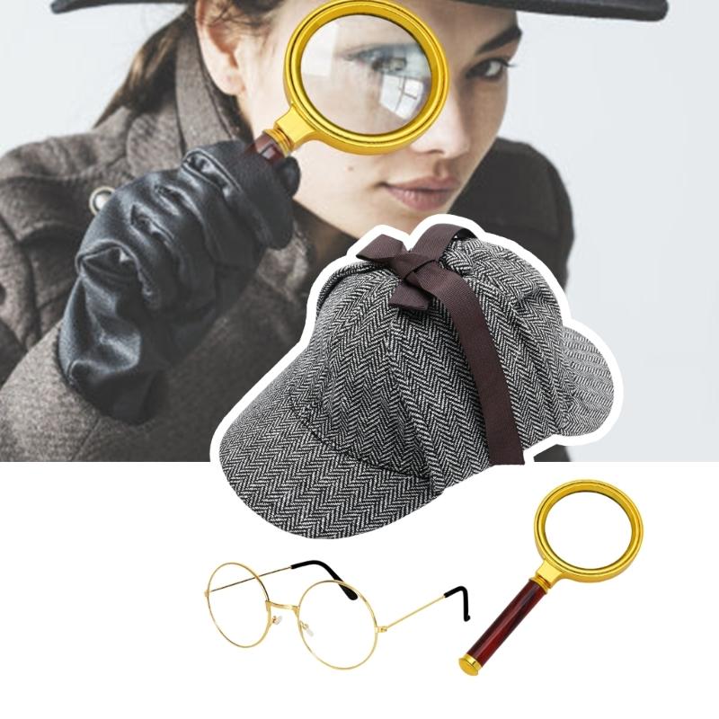 3Pieces Detective Costume Accessories for Adult Teen Detective Hat Magnifying Glass Eyeglass Holmes Detective Kit