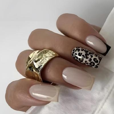 Elegante Uña Cuadrada Corta Adhesiva Uña Leopard Press On Uñas Artificiales Decoración de Manicura Para Uso Diario