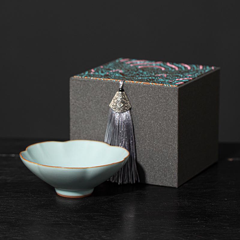Ru Kiln Crackled Ceramic Gongfu Tea Tasting Cup - Cultivable Master Cup in Gift Box Packaging.