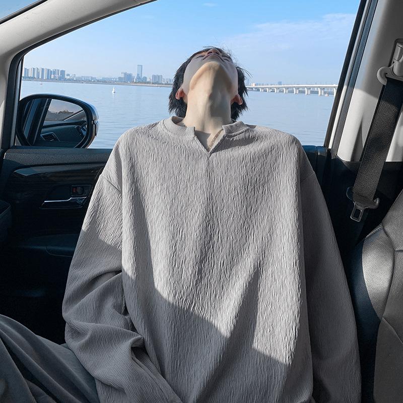 

Универсальная футболка с V-образным вырезом, текстурированная, американского свободного кроя, с длинными рукавами 5XL светло-серый