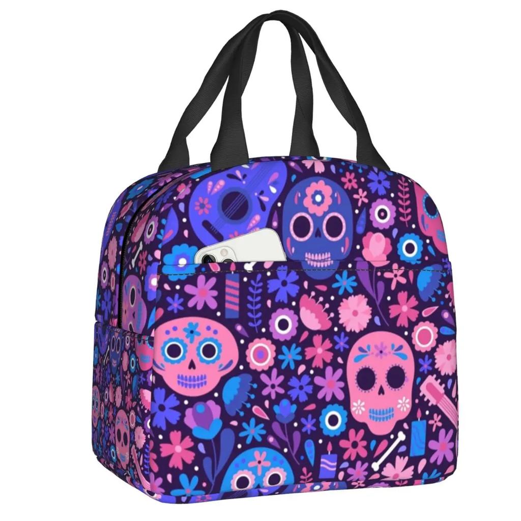 Mexican Sugar Skull Day Of The Dead Art Insulated Lunch Bags Women Resuable Thermal Cooler Food Lunch Box Outdoor Camping Travel