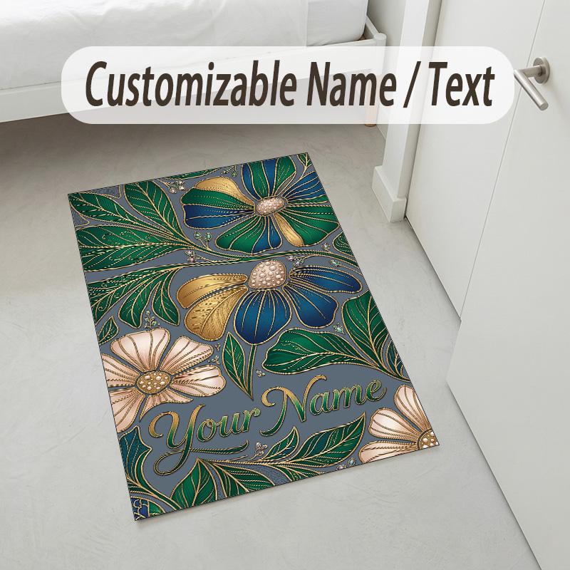 Floral Art Nouveau Theme Soft Crystal Velvet Rug Custom Name & Text Print Non Slip Floor Rug for Bedroom Living Room
