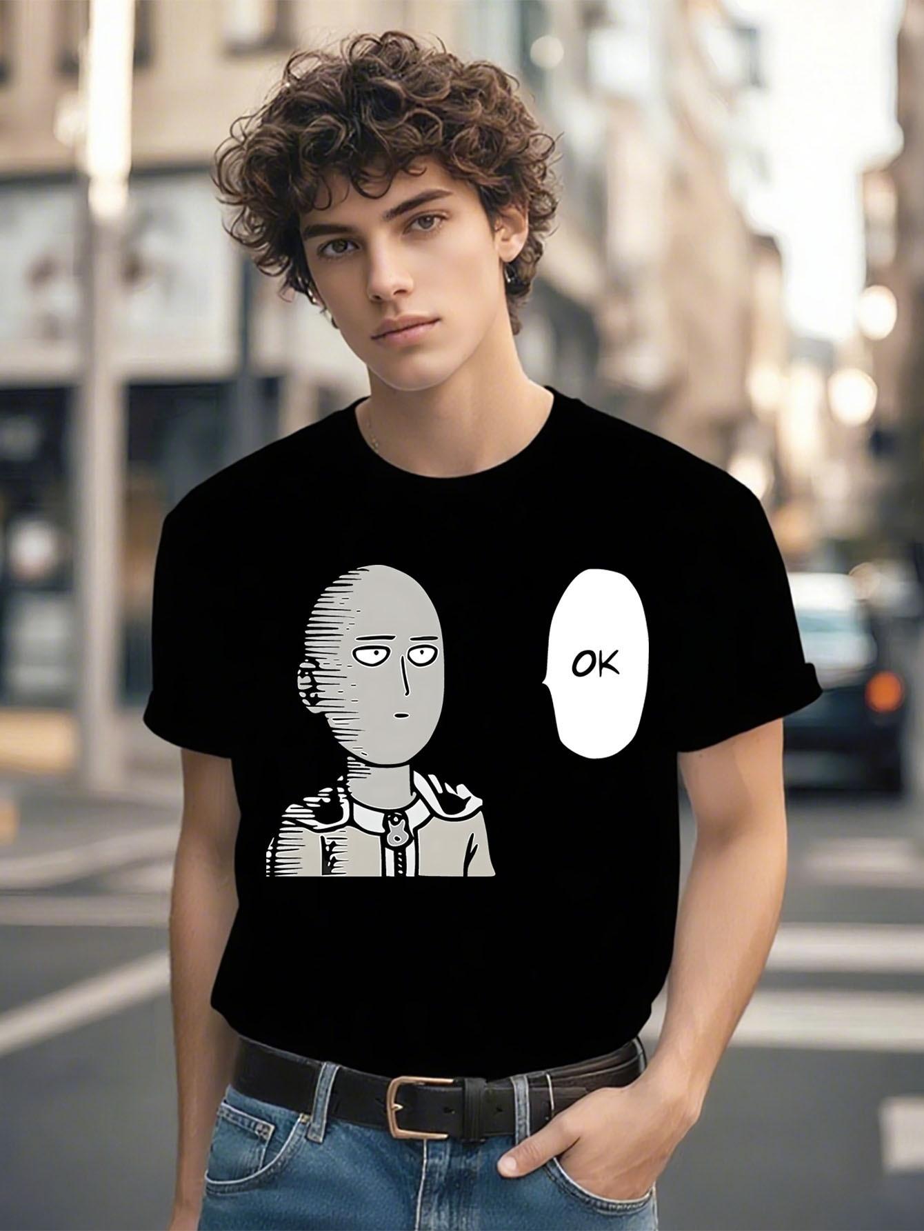 Black Casual Anime-Inspiriertes Saitama T-shirt Minimalistischer Saitama & OK Druck XXXXL