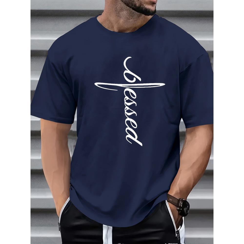 Cotton Summer Men's Fashionable Faith Blessed Letter Printed Round Neck Short Sleeved T-shirt Top