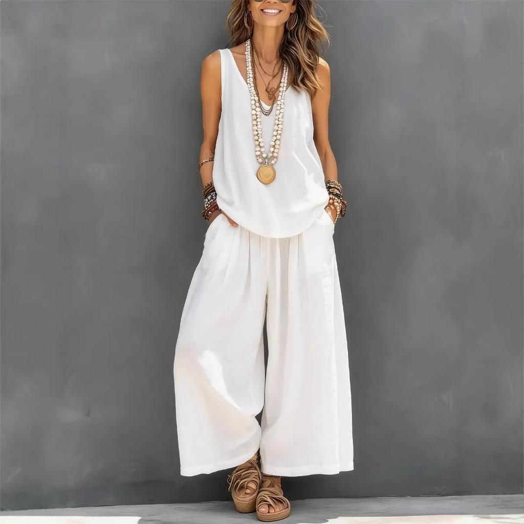 Solid Color Women's V-Neck Sleeveless Vest & Two-Piece Set for Cross-Border E-commerce.