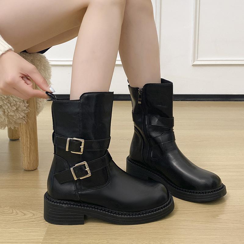Retro okrągły nosek wszechstronne grube obcasy buty typu Martens 2025 nowy brytyjski styl klamra pasek Maillard średnie buty damskie