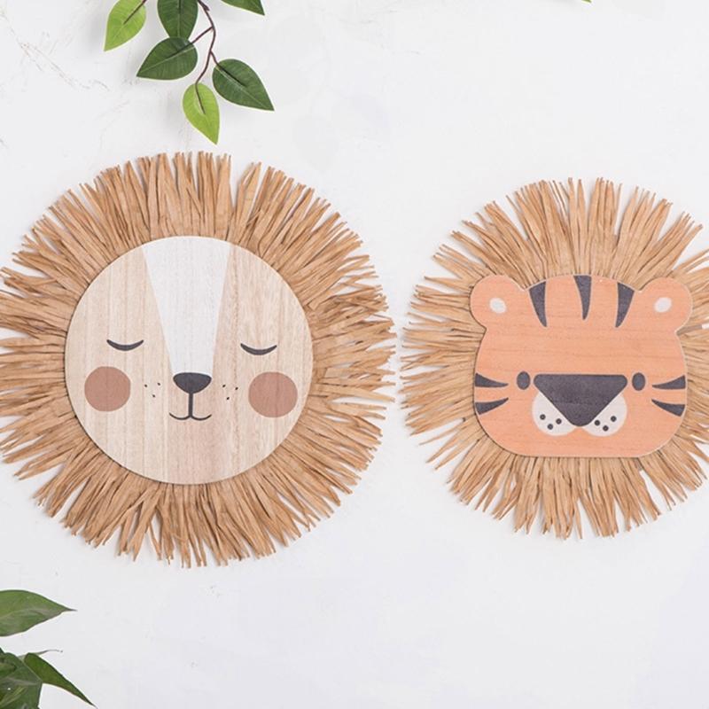 Cartoon Lions Hangings Decorations Creative Animal Head Ornament Handwovens Raffias Wall Decors for Farmhouses Bedroom Home