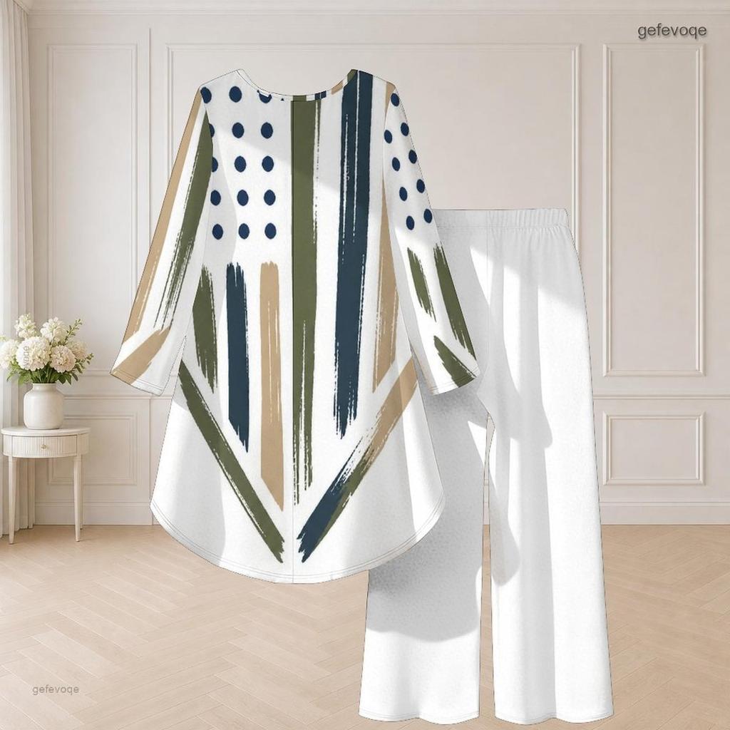Women Plus Size Red Blue White Star Printed Round Neck Long Sleeve High Low Top Wide Leg Pants Two Piece Set