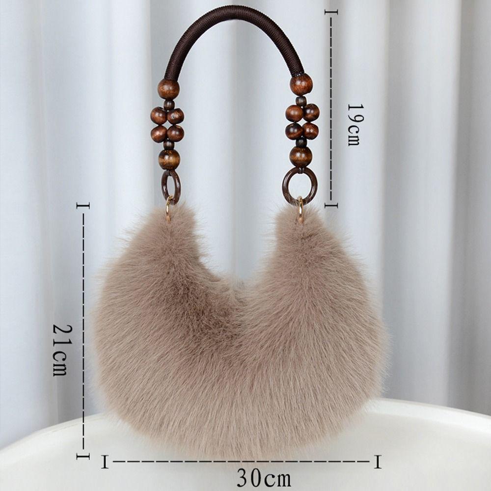 Retro Multicolor Furry Handbag Beads-Chain Handle Soft Tote Bag Faux Fur Oval Shoulder Bag Versatile