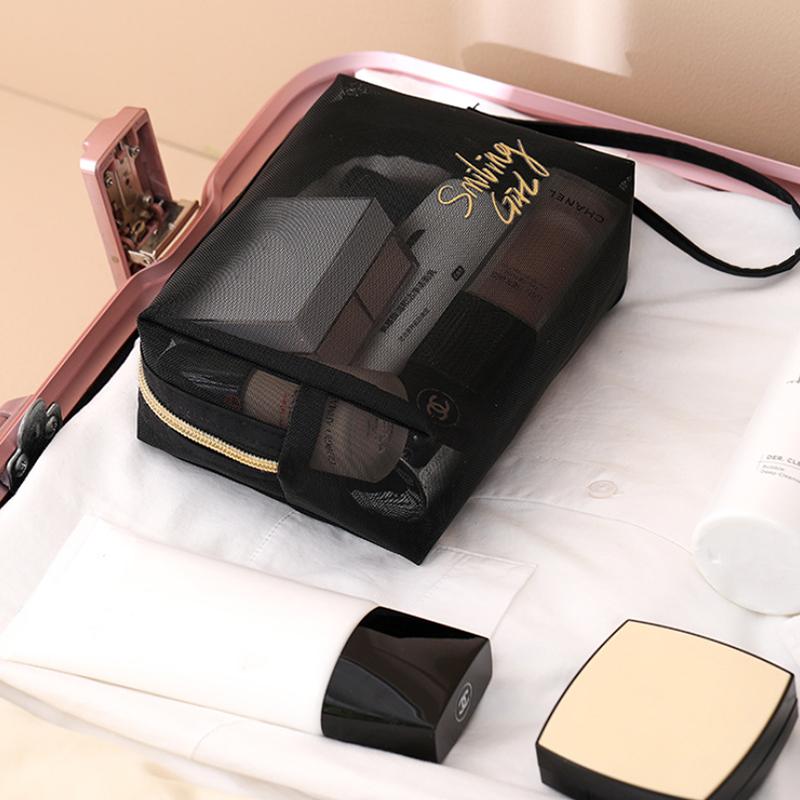 1Pc Black Mesh Cosmetic Bag Small Large Makeup Bags Zipper Pouch For Offices Travel Storage Bags Toiletry Bags Makeup Pouch