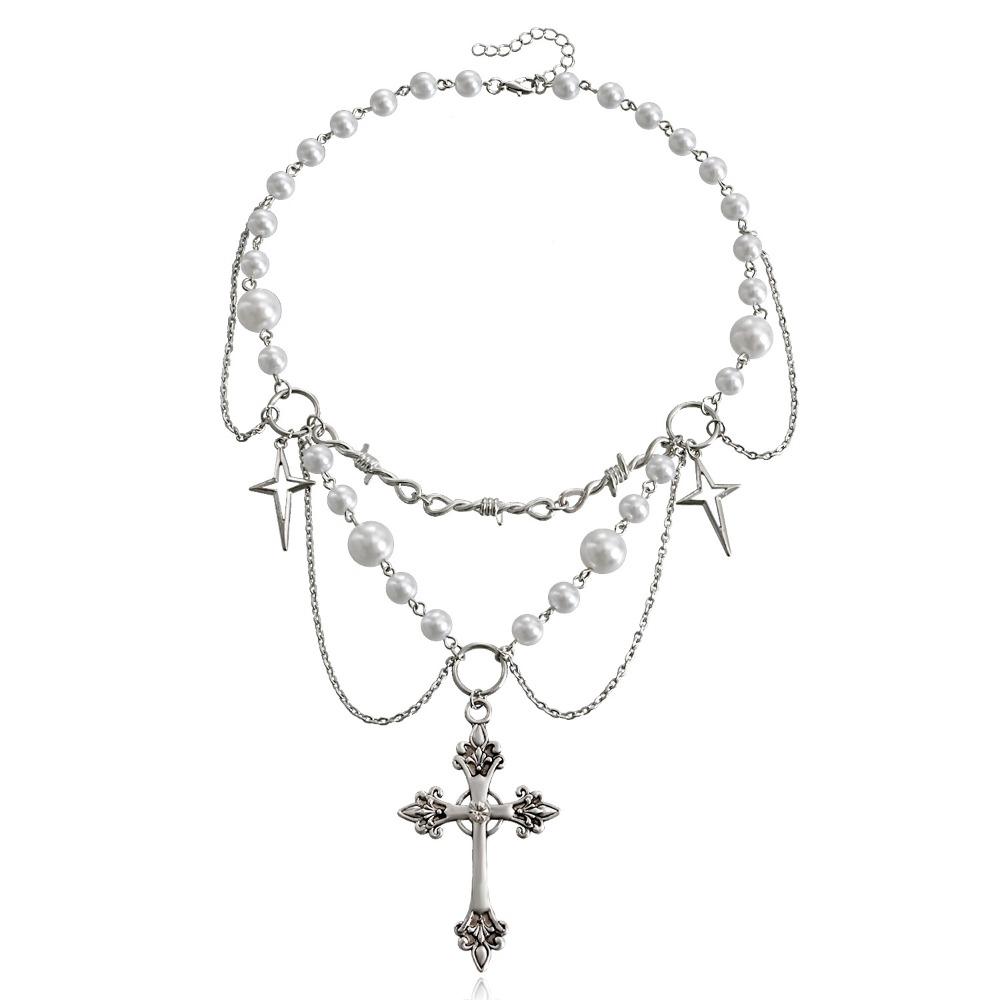Charm Cross Rosary Necklace Handmade Double-layer Cross Pendant Choker Girl Gifts