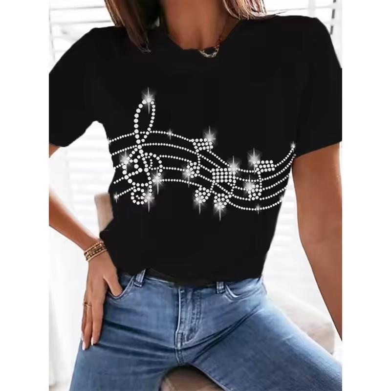 Fashion Music T Shirt Ladies Summer Crew Neck Casual Note 3D Print Funny T-shirts Streetwear Elegant White Black Womens Clothes