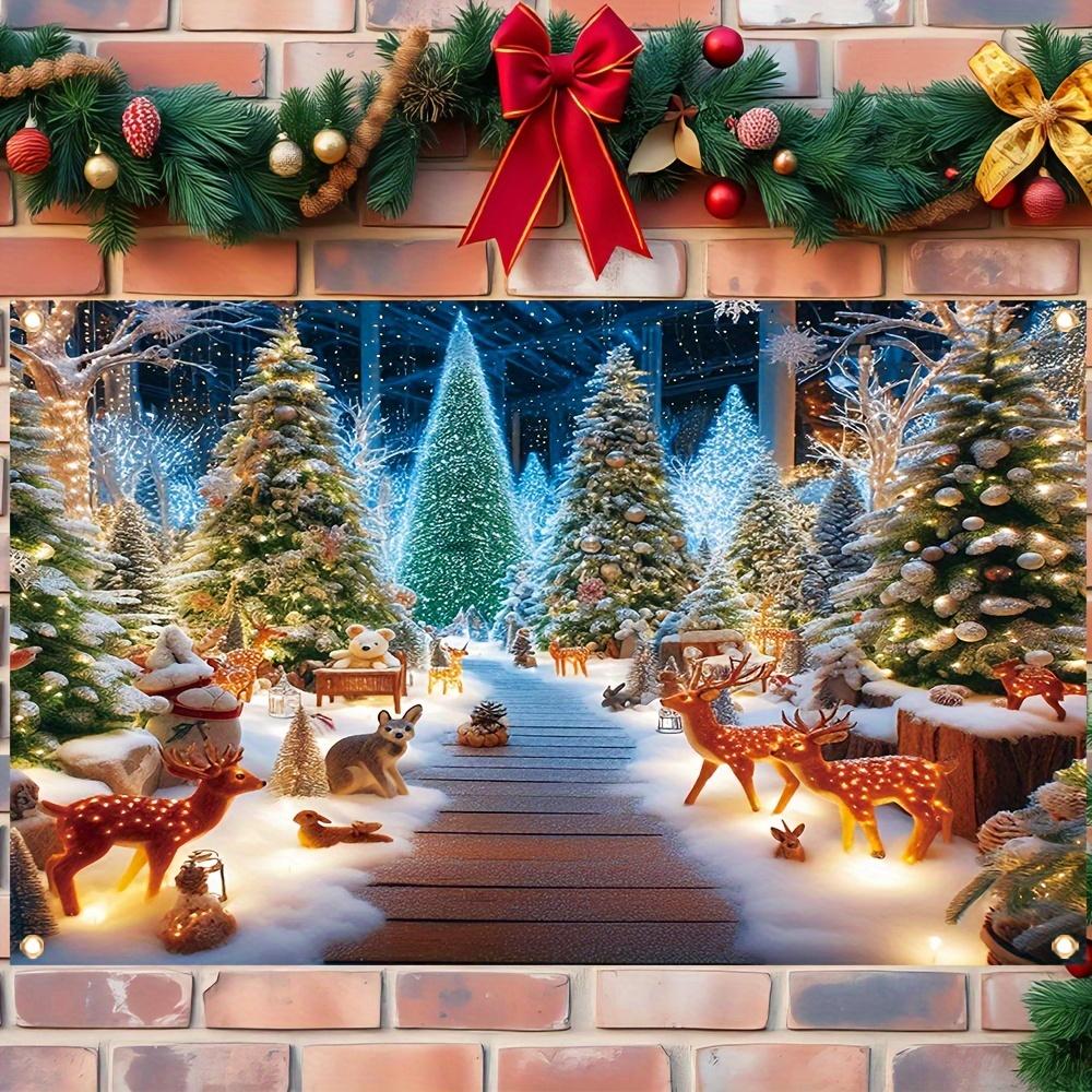 Magic Forest Christmas Background Banner Polyester Winter Wonderland Party Hanging Decoration with Snow Trees and Deer