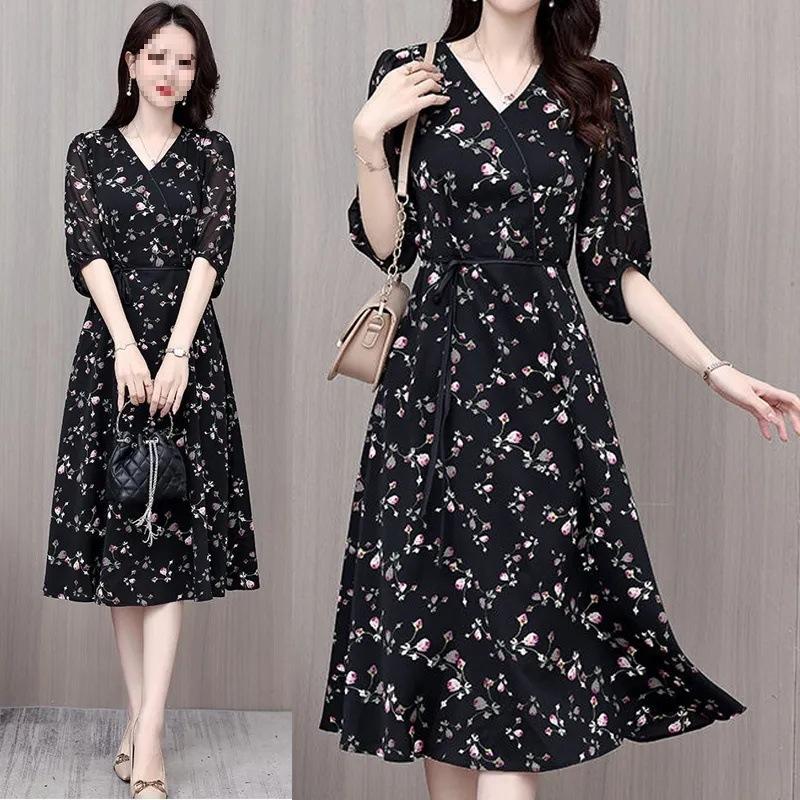 Fashion age-reducing new strap-up bubble sleeves floral V-neck dress women's summer temperament Muse fan waist A-shaped long dress