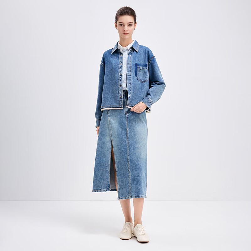 Navigare Women's Slimming Lapel Long-Sleeve Denim Shirt