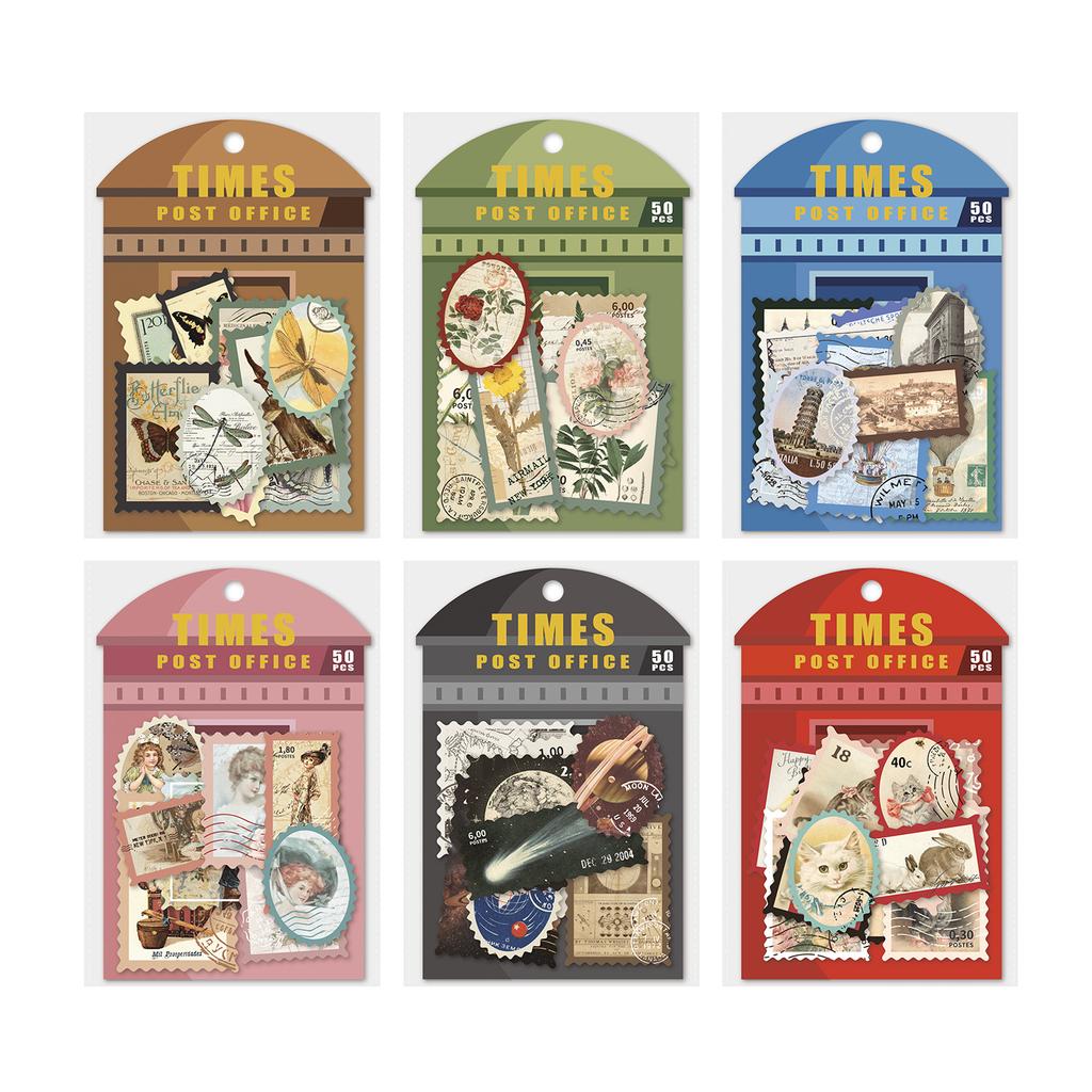 50 Pcs/pack Vintage Bronzing Stamp Style Stickers Decorative DIY Scrapbooking Diary Album Collage Material Junk Journal Supplies