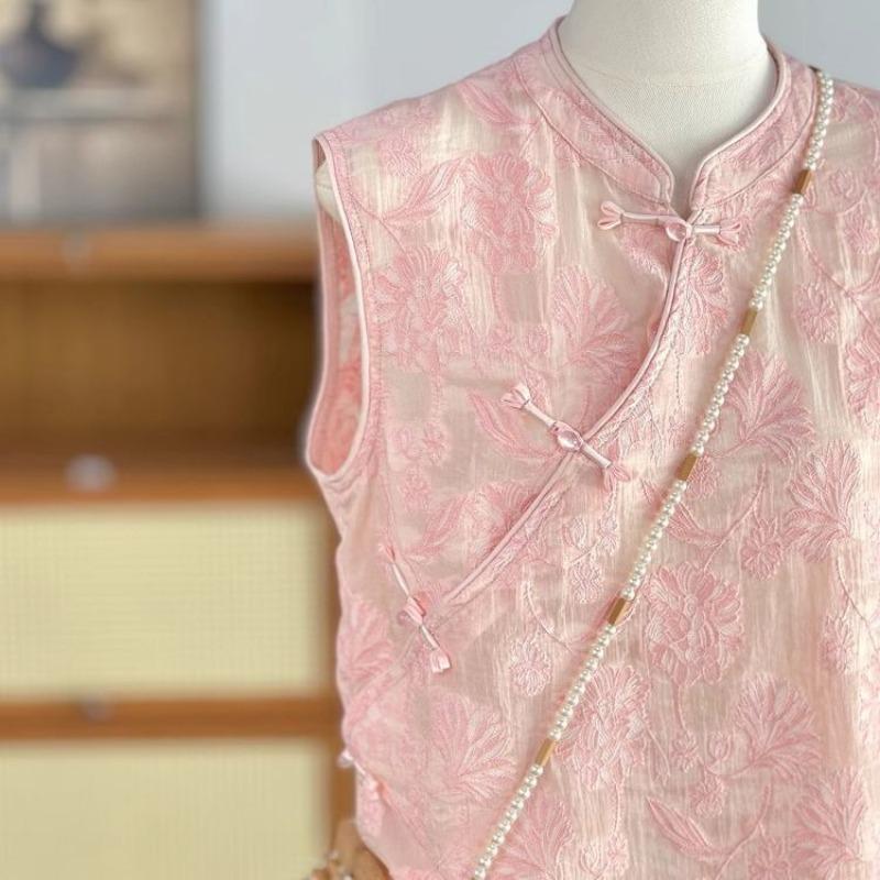 Women's Pink Sleeveless Cheongsam Traditional Chinese Knot Button Jacquard New Chinese Style Summer Vest