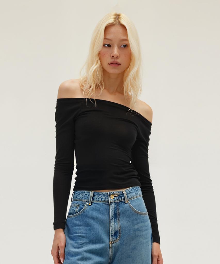 Beoteunseoul [Womens] Wool Blend Soft Stretch Off-Shoulder Long Sleeve Knit (3 Colors)