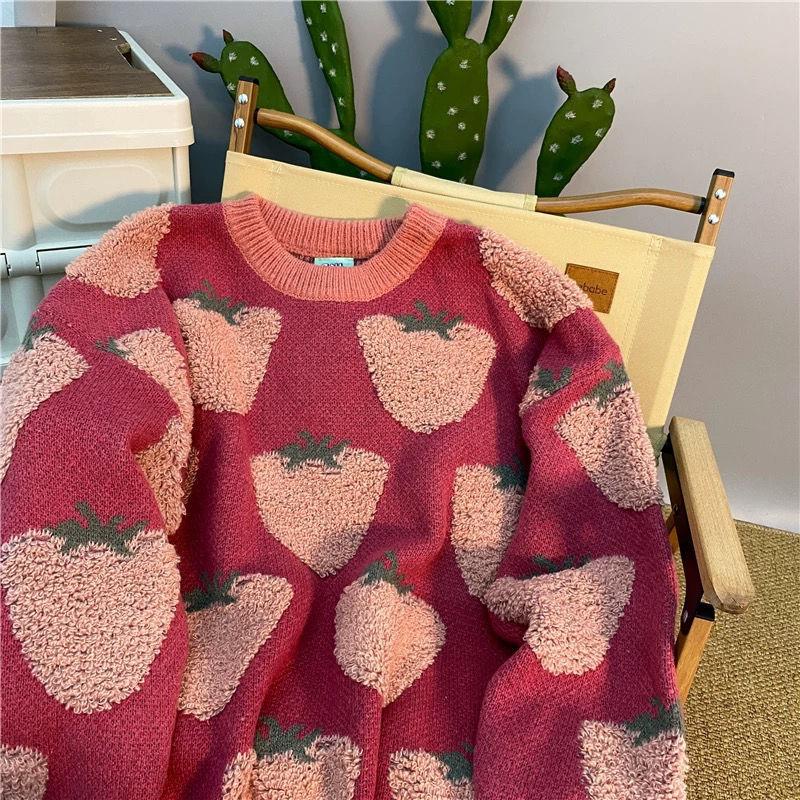 Sweater Pullover Strawberry Sweater Women Chic Hong Kong O Neck Knit Sweater 2022 Autumn and Winter Pullover Sweater Female