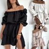 New, Autumn Fashion Casual Solid Color One-word Shoulder Waist Dress Women's Clothing