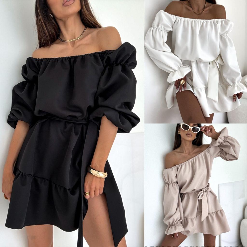New, autumn fashion casual solid color one-word shoulder waist dress women's clothing