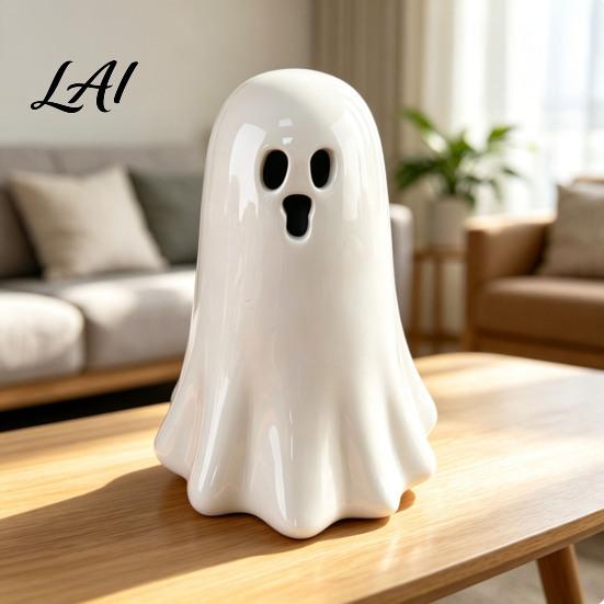 Ghost Shaped Light Decor Ceramic Hollow Night Light Cute Halloween LED Glow White Figurine Lamp Ceramics for Holiday Party Decoration Desktop