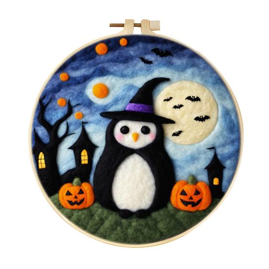 Halloween Needle Felting Kit Beginner Felt Craft Set DIY Felt Painting with Faux Wool Needle Frame Stamped Fabric for Adults Handcraft Lovers