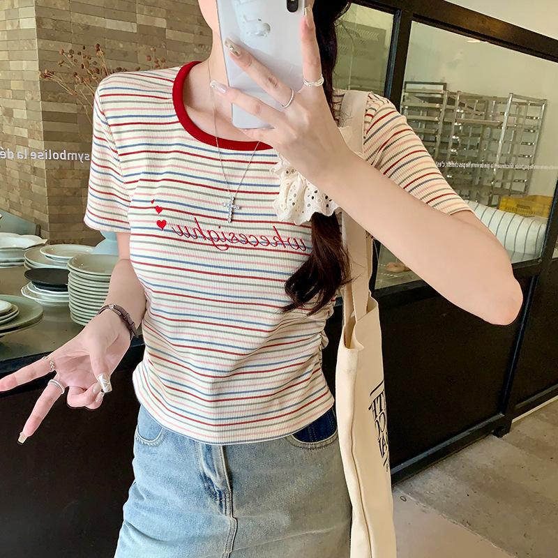 Rainbow stripes contrasting color front shoulder short-sleeved T-shirt women s summer foreign style small short slim-fitting pleated waist top S