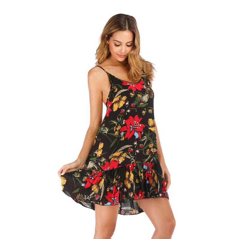 Big Flower Sexy Open Back Ruffled Beach Dress Sling