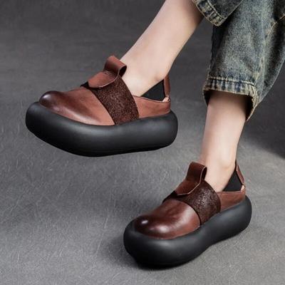 Round Toe Thick Sole Sandals Retro Genuine Leather Comfortable Soft Sole Women's Shoes