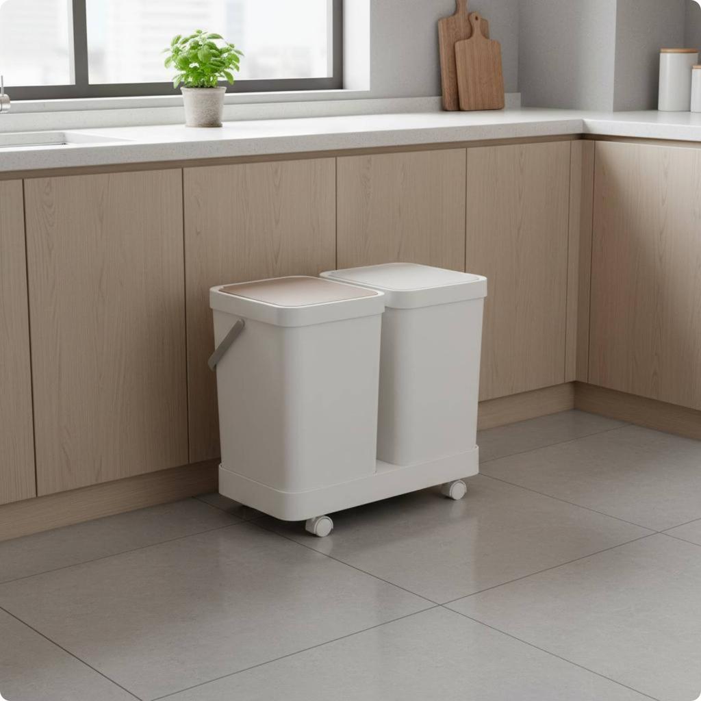 3-Compartment Trash Can Easy to Move Wheeled Sorting Bin 3 Compartment Trash Can Handle Design Kitchen Waste Sorter Space Saving