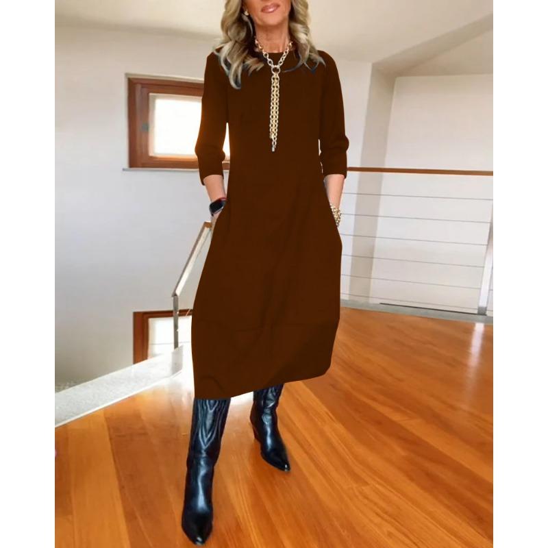 

Модное платье Осень-Зима Однотонное Свободное С круглым вырезом С длинным рукавом Женская одежда XXL коричневый