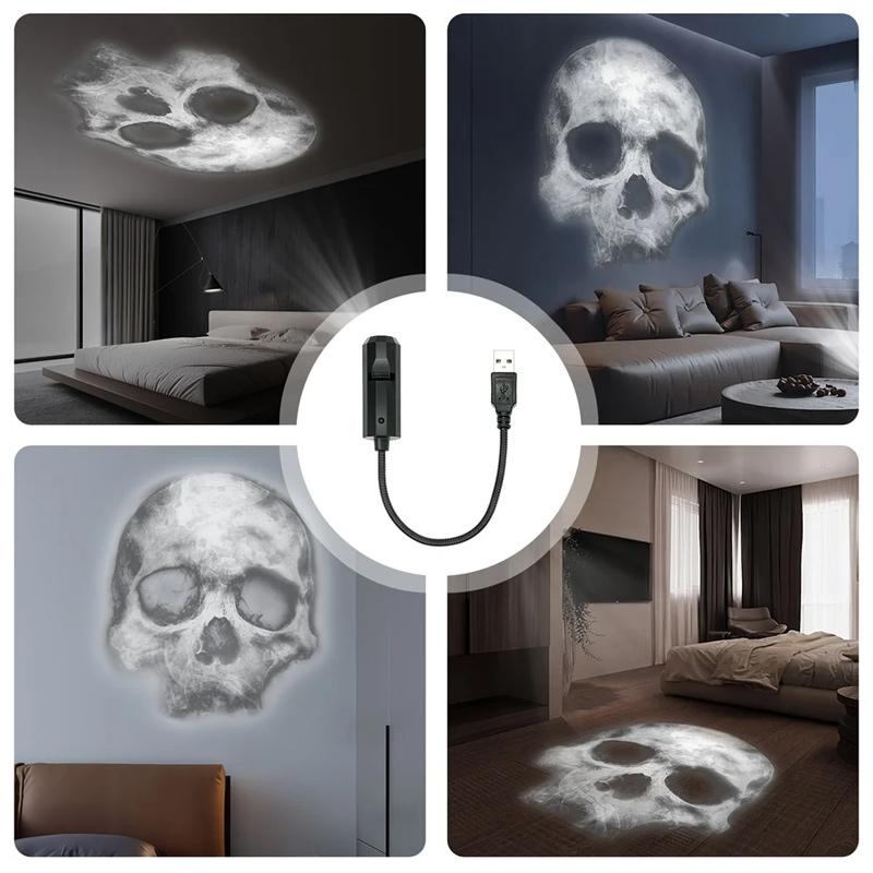 Halloween USB Projector Light Skull NightLight Ghost LED Lamp 360Degree Rotating Switchable Pattern Design Dark & Night Ambiance