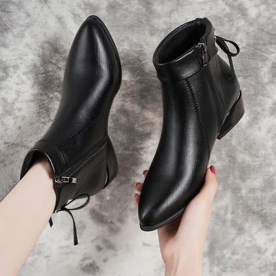 2025 outono e inverno novas botas curtas pontiagudas zíper lateral salto grosso botas Martin tamanho grande salto médio moda veludo botas de couro