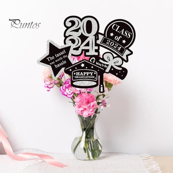 5Pcs/Set The Class of 2024 Glitter Graduation Centerpiece Sticks Set Table Vase Toppers Graduation Party Decor