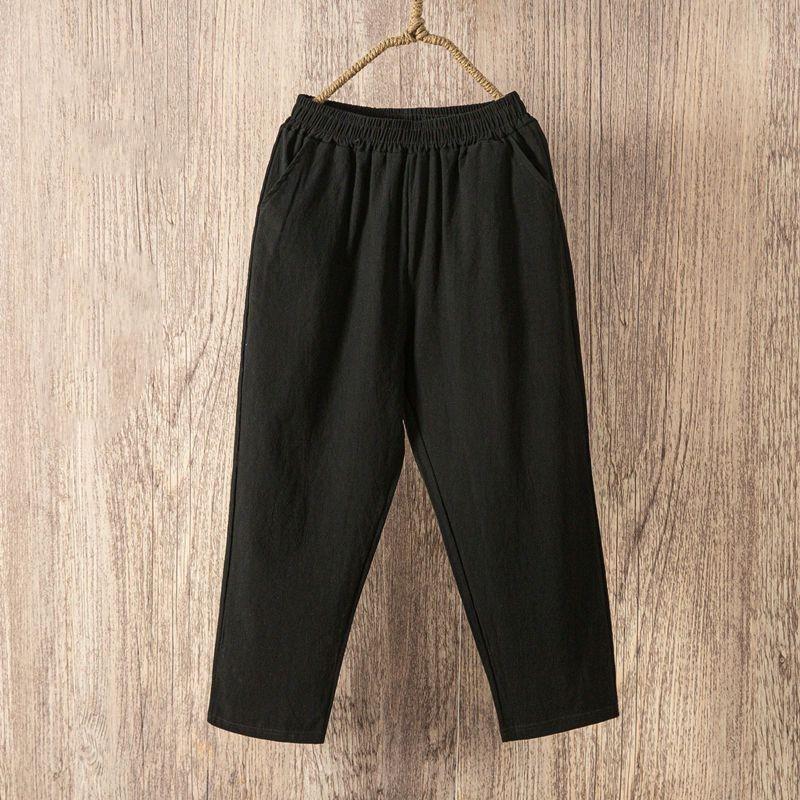 Solid Color Cotton Linen Straight Leg Loose Nine-Point Pants for Summer – Plus Size, Thin Style, for Middle-Aged and Elderly Women