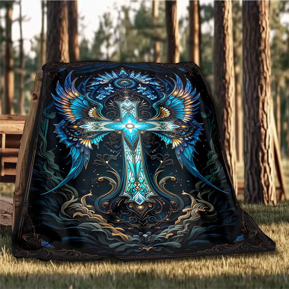 1pc Cross Ornament Throw Blanket Polyester Fiber, Lightweight Flannel, Soft & Warm, All Season Use for Outdoor, Camping Digital Print