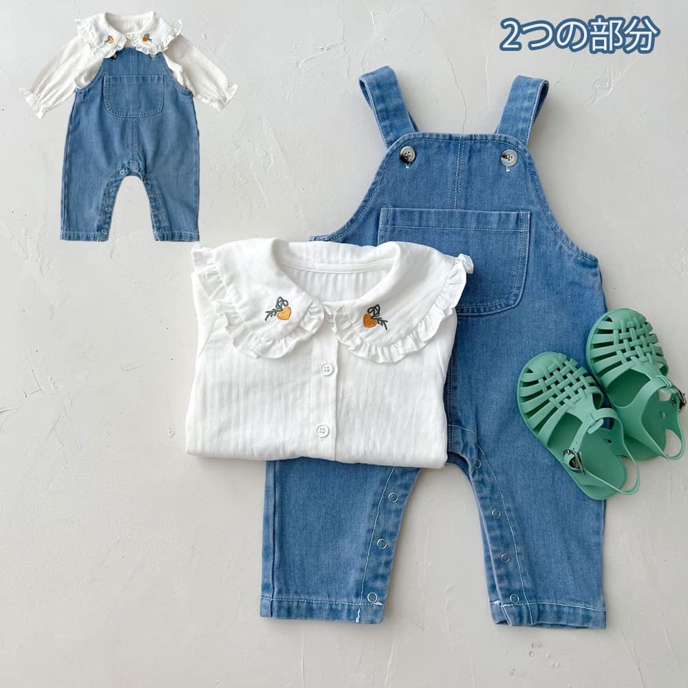 Baby Clothes for Girls Overalls Shirt Rompers Coveralls Clothes Blouse Cute Korean Style Denim Cotton Kindergarten School Blue Floral Pattern 90