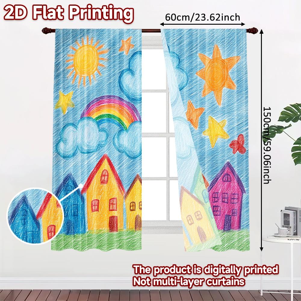 Set Of 2 Flat Printing Scene Curtains Colorful Sunny Village Digital Printed Polyester Drapes Birthday Party Use Event Curtain