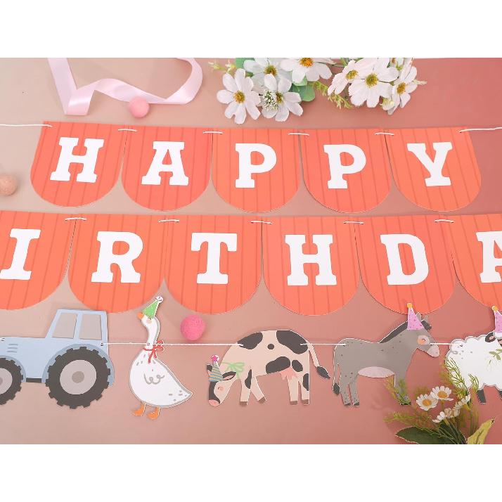 Farm Happy Birthday Banner - Kids Farmyard Birthday Party Decorations, Farm Animals Party Supplies, Happy Birthday Banner with Tractor, Farm Theme