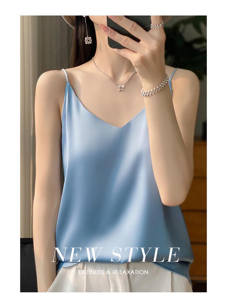 Women's Satin V-Neck Strappy Summer Camisole - Versatile & Stylish Sleeveless Top