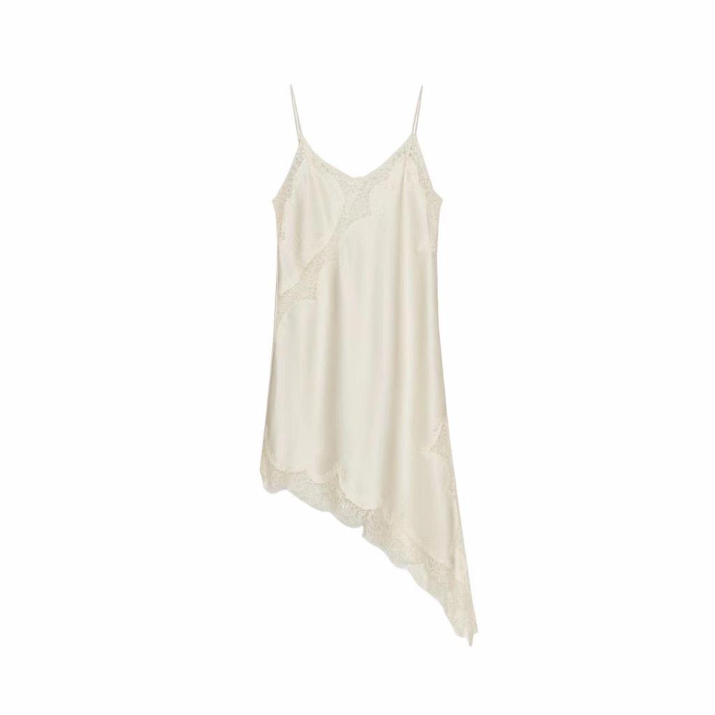 French Style Spaghetti Strap Lace Trim Dress with Irregular Hem - 2025 Summer Collection