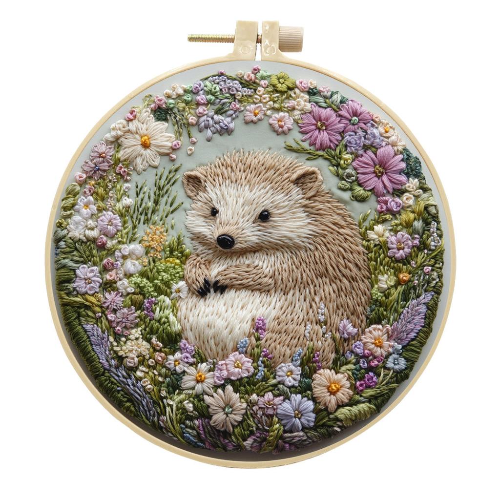 1pc Hedgehog and Flower Pattern Embroidery DIY Fabric Craft Kit with Tools