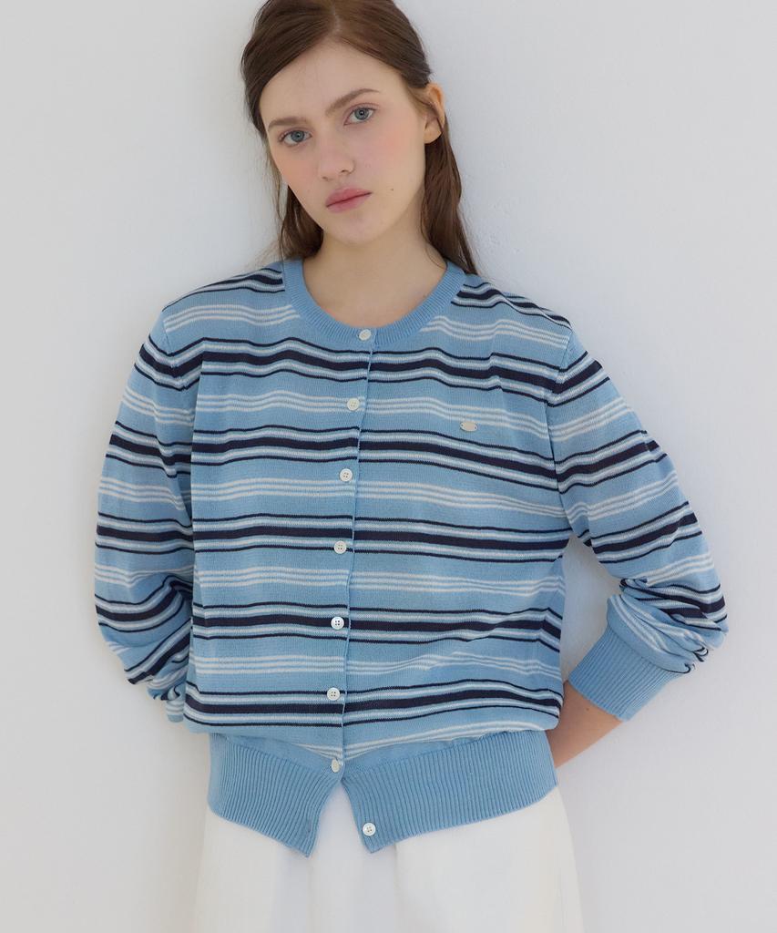 OURHOPE Sheer Multi-Stripe Round Neck Cardigan - Sky Blue