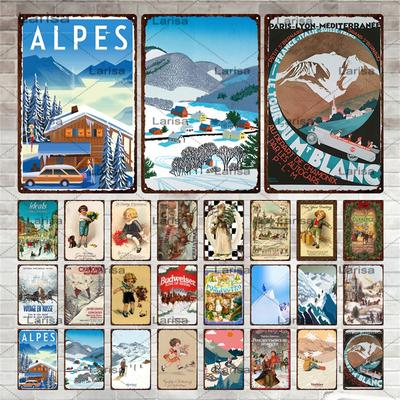 Retro Ski Resort Metal Sign Skiing Travel City Tin Sign Winter Landscape Snow Mountain Plaque Home Bar Club Wall Decor