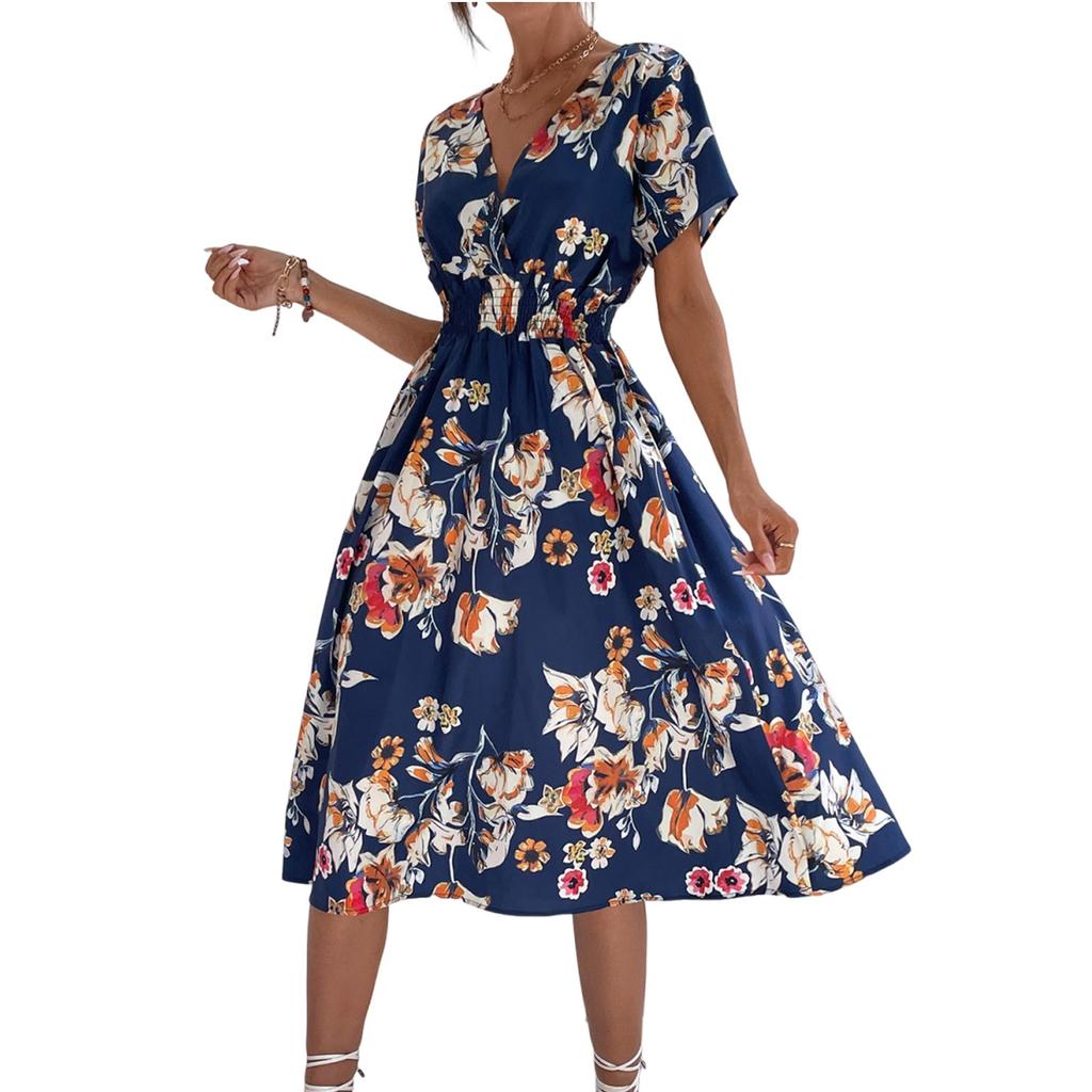Women's Dresses Casual Small Floral Printed V-Neck Short Sleeve Dresses