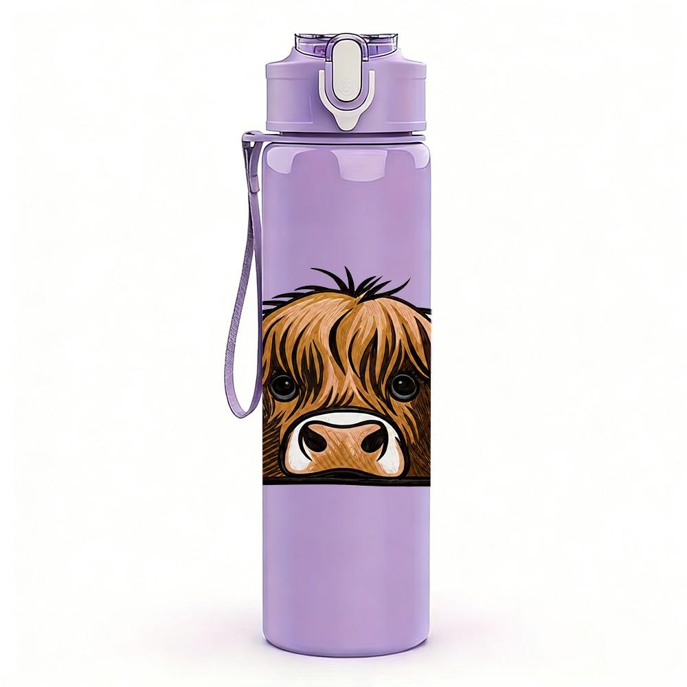 1PC Highland Cow Horned Animal Pattern 750ml Color Plastic Sports Water Bottle Leakproof Flip Straw Lid Suitable for Sports Office Home Use