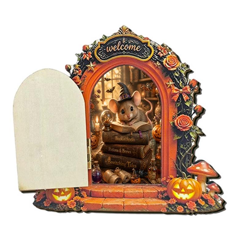 Wooden Indoor Halloween Arched Door Plaque Two Layer Sign with Round Adhesive Mounts for Party Entry Accent Use